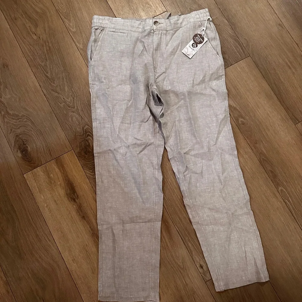 Panama Jack Mens 100% Linen Pants Tan Beige Relaxed Fit Drawstring Large NWT